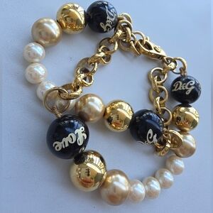 Dolce & Gabbana Black, Gold & Pearl Logo Beaded Bracelet